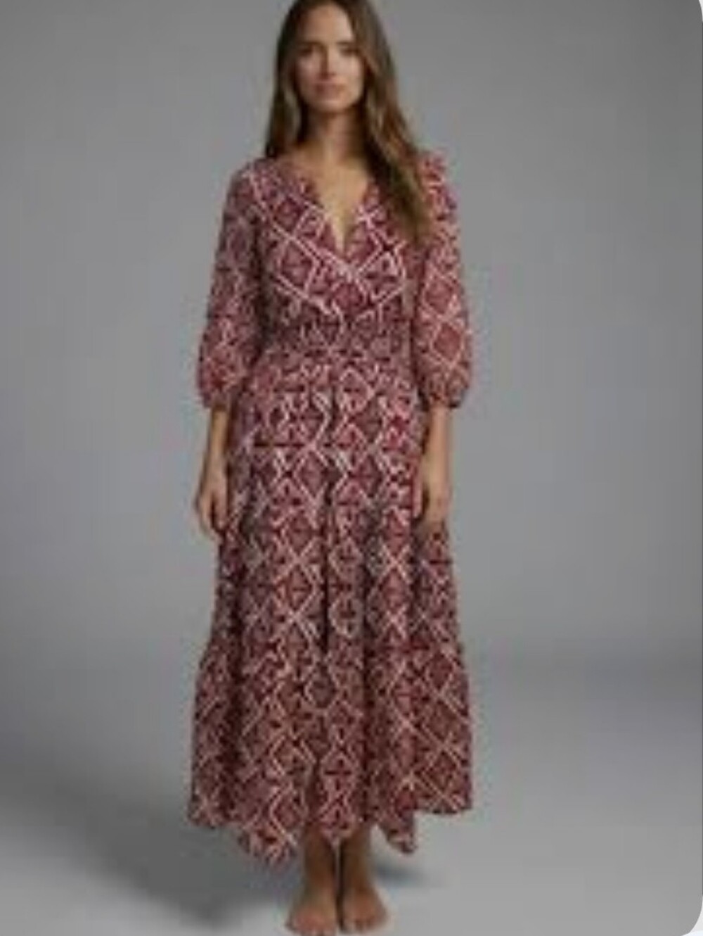 Wayward Francis Eshakli Custom:Women's Printed V-Neck Maxi Dress in Burgundy